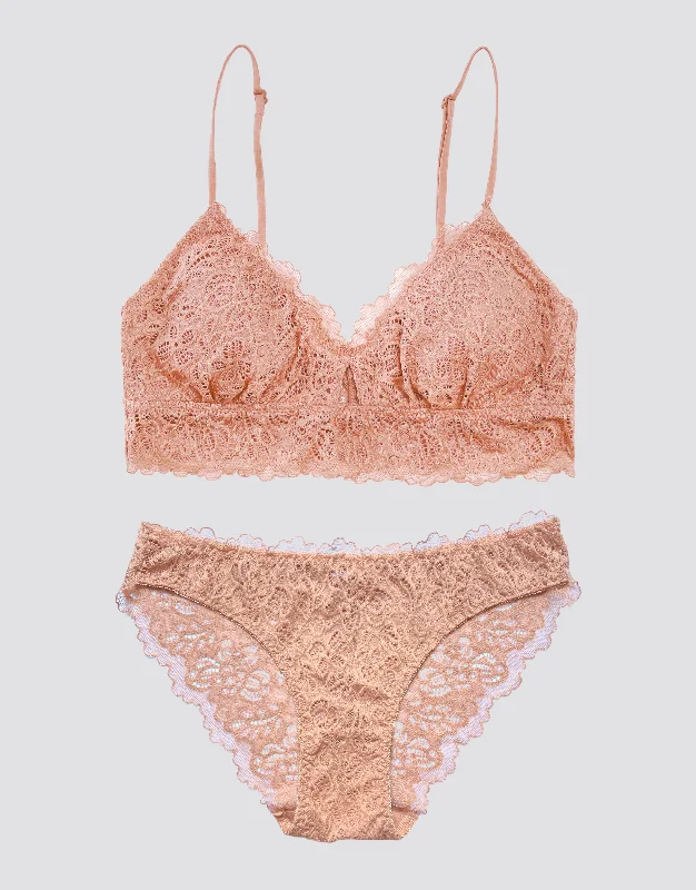 Dainty Lace Peephole Bralette Set - Coral