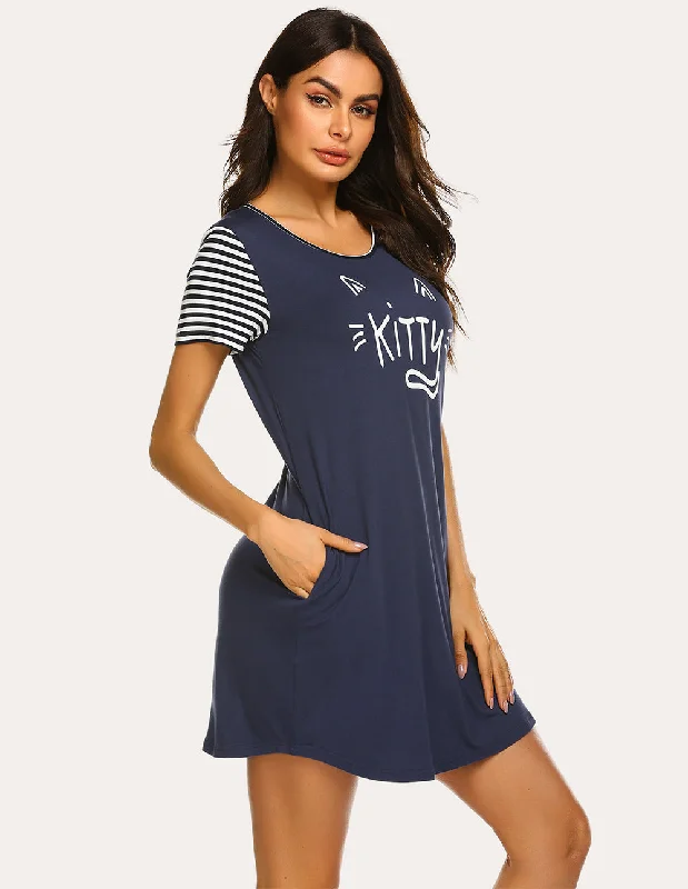 Ekouaer Striped Short Sleeve Printed Nightdress