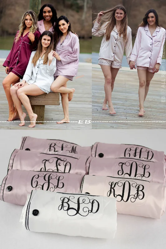 Personalized PJ Set, bridesmaid pajamas, long sleeve PJ shirt and shorts, champagne custom initial PJs, bridal party PJs, monogram PJs