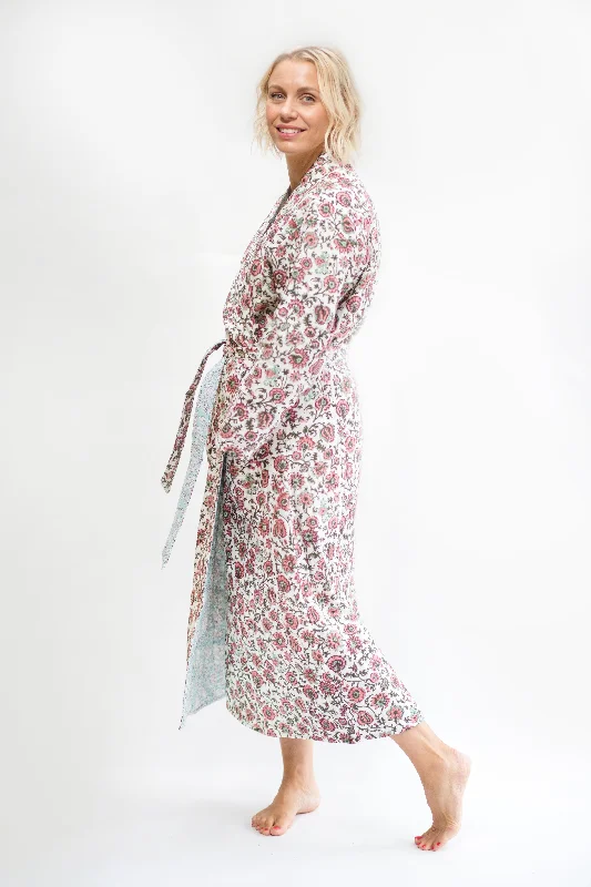 SALE Luxury Quilted Hand Block Print Robe - Dusky Pink & Khaki Print