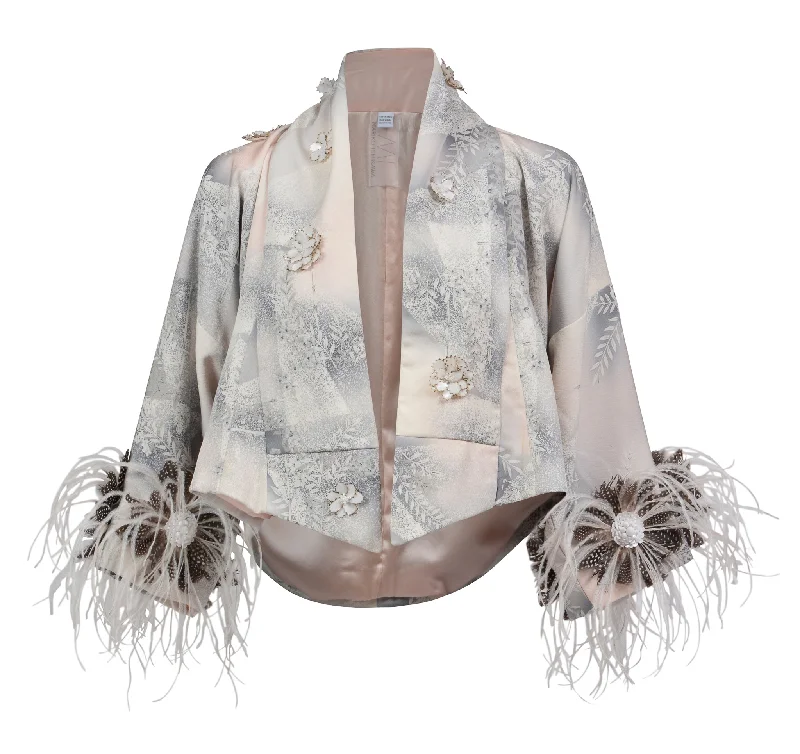 Cropped Grey Kimono with Ostrich Feather Trim