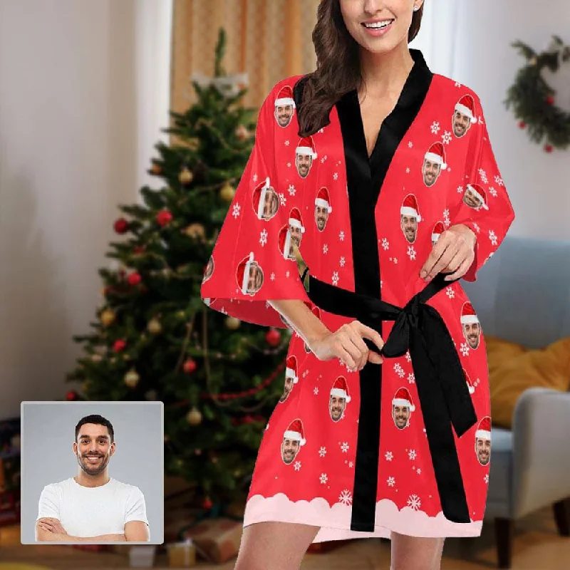 Custom Face Pajama Robe Women's Red Personalized Nightgown for Christmas