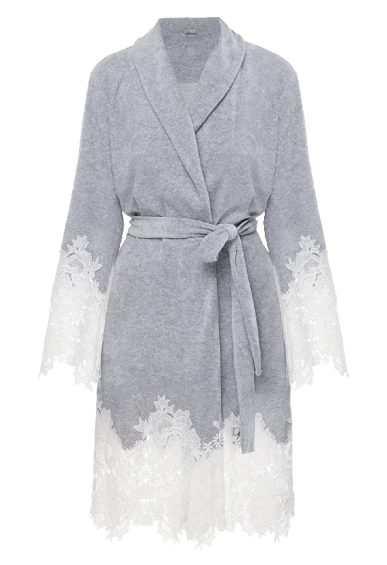 Marielle macramé-trimmed gray melange velour short robe