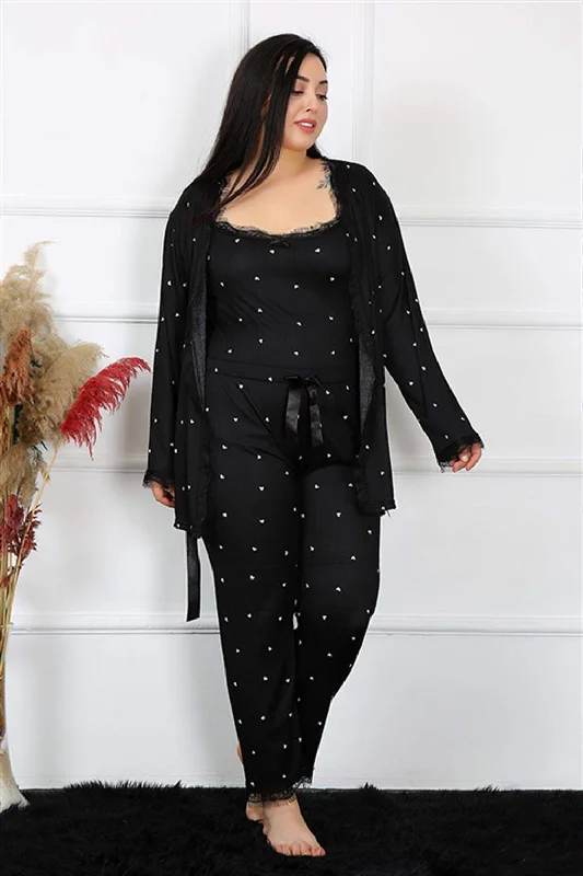 Women's Large Size Black 3-Piece Dressing Gown 7720