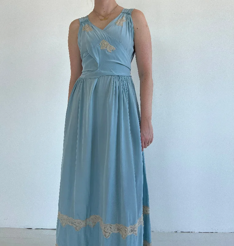 1930's Sky Blue Silk Slip with Cream Lace