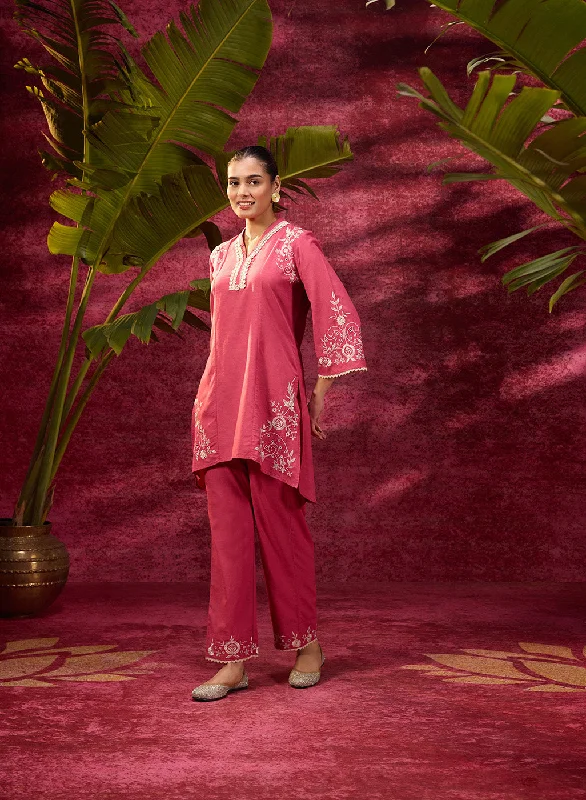 Aira Watermelon Pink Embroidered Cotton Linen Co-ord Set for Women