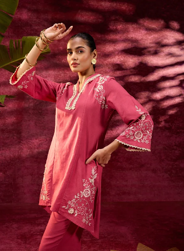 Aira Watermelon Pink Embroidered Cotton Linen Co-ord Set for Women