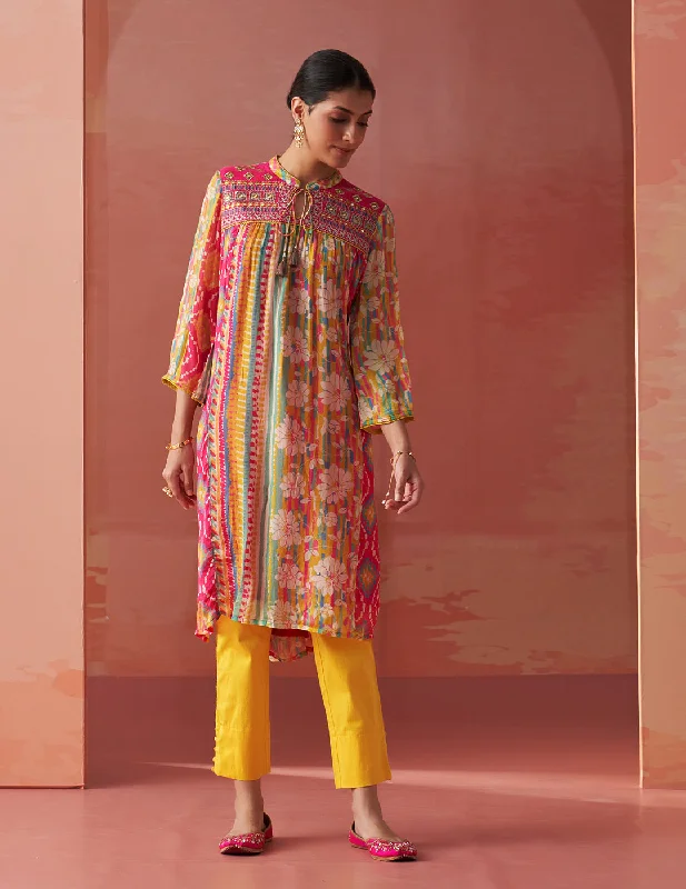 Anayna Fuchsia Pink Printed Chiffon Embroidered A-Line Kurta