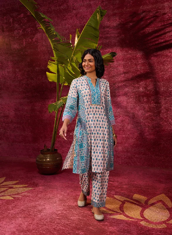 Apsara Teal Printed Cotton Silk Designer Kurta Set