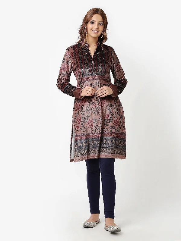 Beige Printed Velvet Straight Kurta with Neck Embellishment