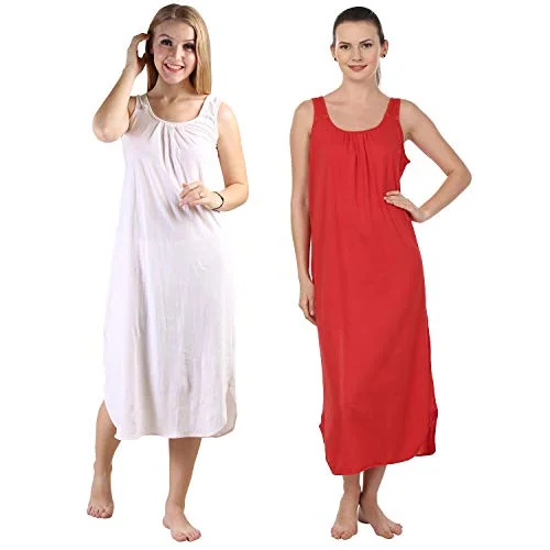 BLAZON Women's Cotton Hosiery Solid Maxi Nighty Slip (Pack of 2) Available Sizes: S, M, L, XL, 2XL, 3XL, 4XL, 5XL - Strawberry Frost, Red