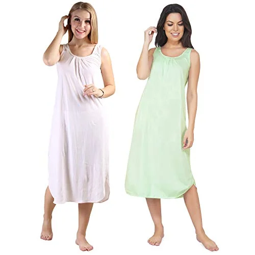 BLAZON Women's Cotton Hosiery Solid Maxi Nighty Slip (Pack of 2) Available Sizes: S, M, L, XL, 2XL, 3XL, 4XL, 5XL - Strawberry Frost, Sea Green