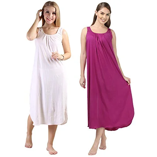 BLAZON Women's Cotton Hosiery Solid Maxi Nighty Slip (Pack of 2) Available Sizes: S, M, L, XL, 2XL, 3XL, 4XL, 5XL - Strawberry Frost, Vivid Violet