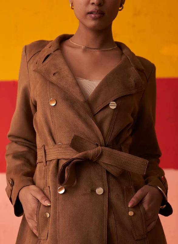 Brown Long Coat for Women with Stand Collar and Belt