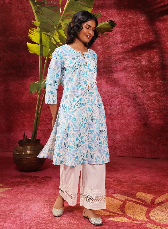 Fida Turquoise Cotton Linen Printed Kurta for Women