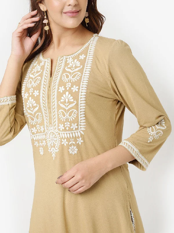 Golden Kurta for Women with Threadwork and Lace Detailing