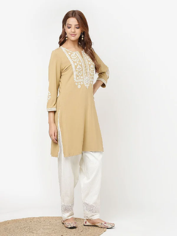 Golden Kurta for Women with Threadwork and Lace Detailing