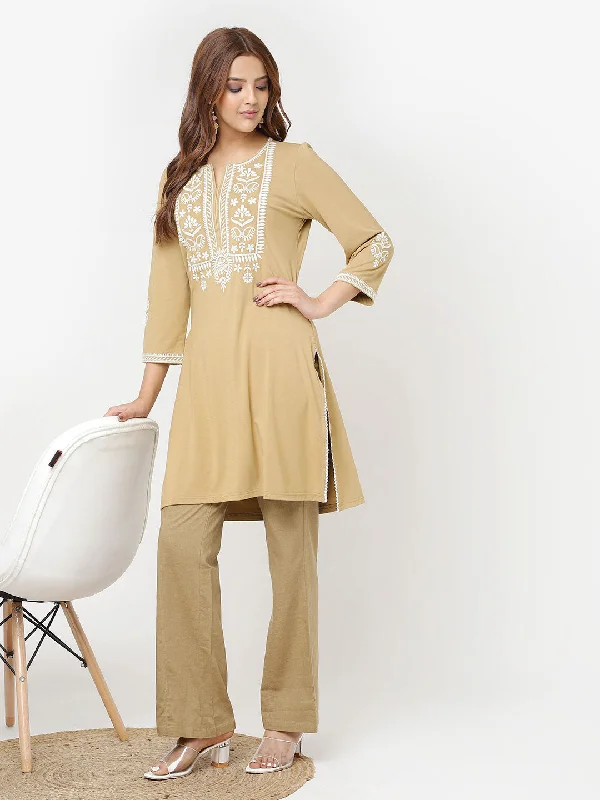 Golden Kurta for Women with Threadwork and Lace Detailing