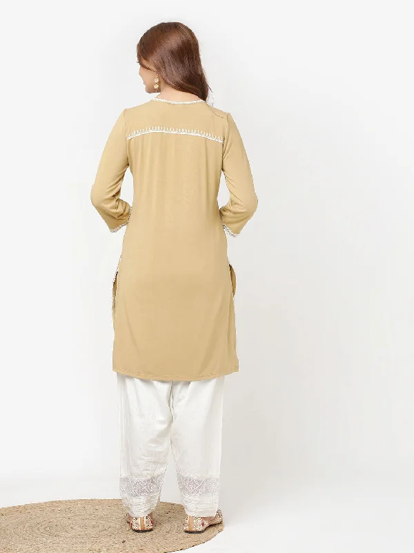 Golden Kurta for Women with Threadwork and Lace Detailing