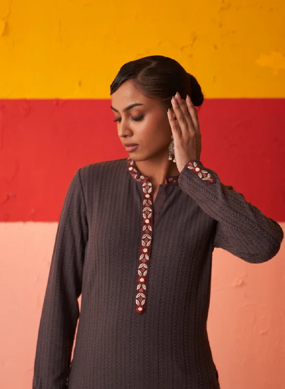 Grey Woollen Kurta for Women with Threadwork