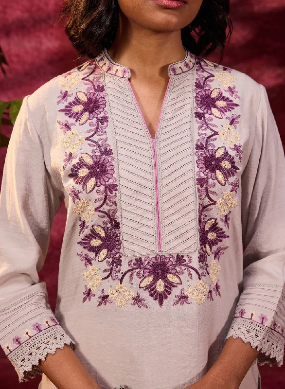 Gulbahar Mushroom Grey Embroidered Kurta for Women