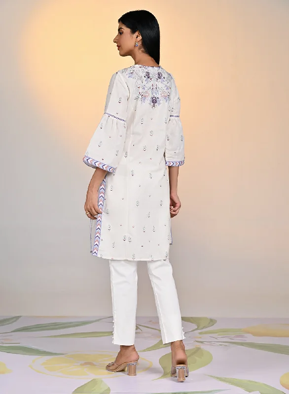 Gulshan Ivory With Blue Printed Cotton Linen Kurta For Women