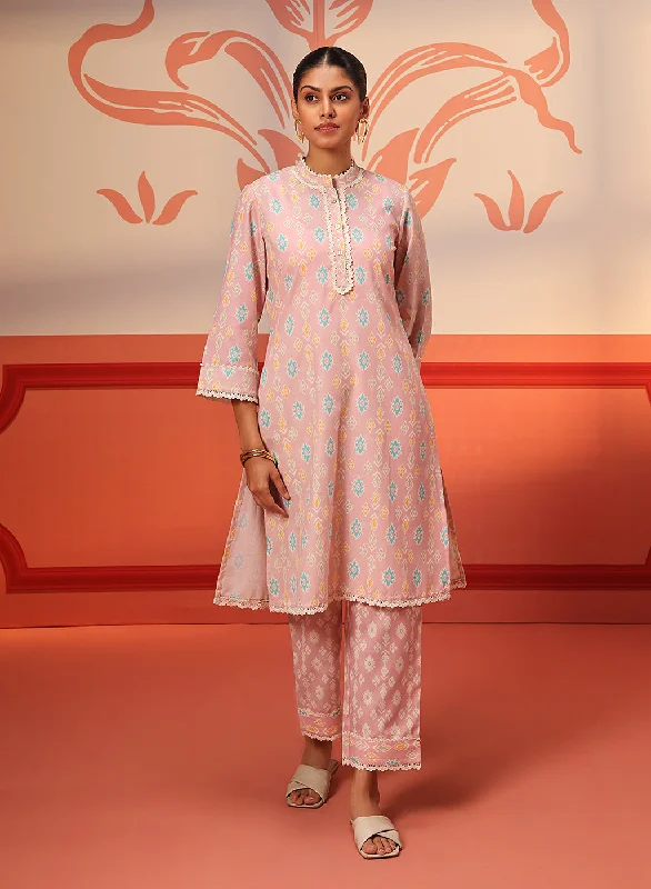 Haya Light Pink Printed Cotton Linen Tunic Set for Women