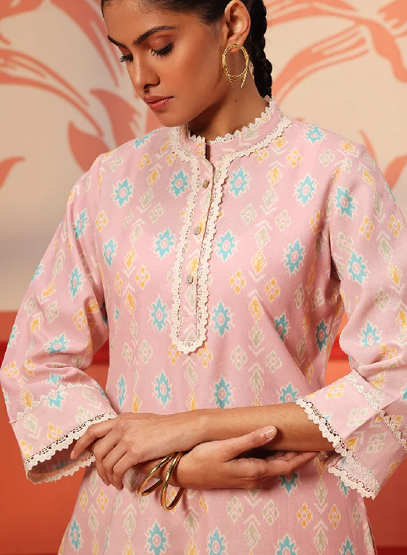 Haya Light Pink Printed Cotton Linen Tunic Set for Women