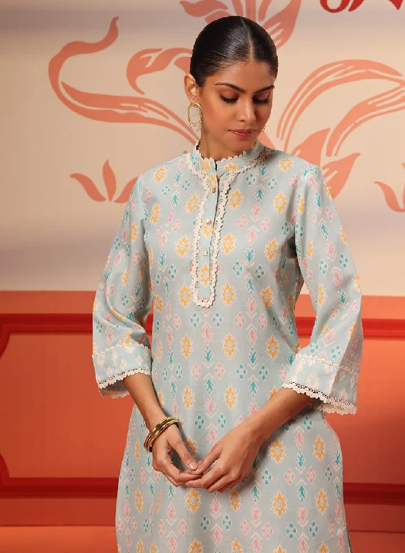 Haya Sky Blue Printed Cotton Linen Tunic Set for Women