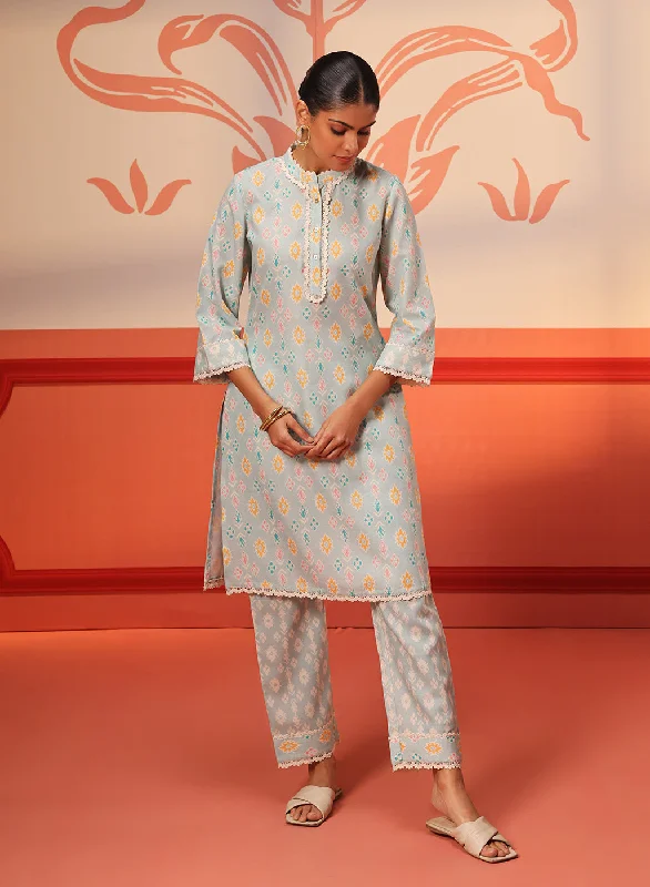 Haya Sky Blue Printed Cotton Linen Tunic Set for Women