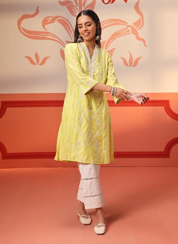 Hiba Lemon Embroidered Cotton Linen Kurta for Women