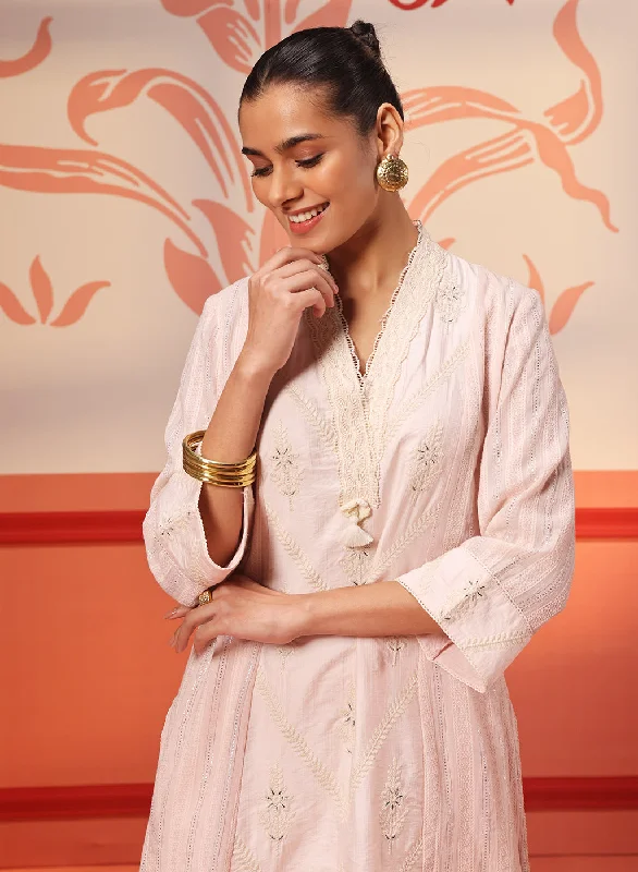 Hiba Salmon Pink Embroidered Cotton Linen Kurta for Women