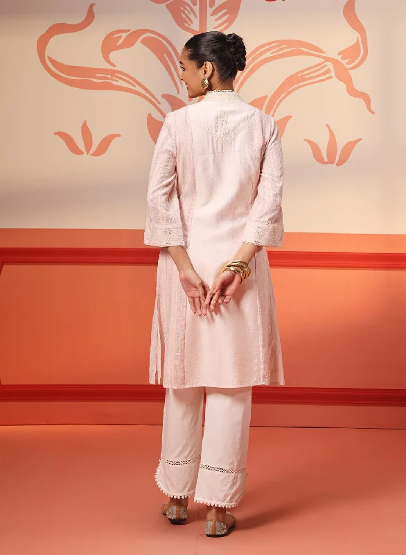 Hiba Salmon Pink Embroidered Cotton Linen Kurta for Women