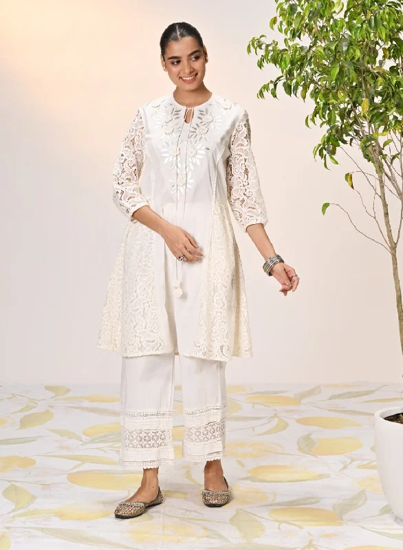 Inaara Ivory Embroidered Raschel Net Dress for
Women