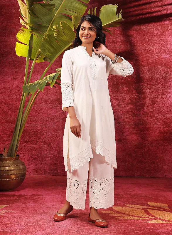 Inaya Ivory Embroidered Cotton Linen Slub Kurta for Women