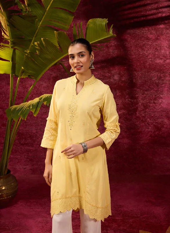 Inaya Lemon Yellow Embroidered Cotton Linen Slub Kurta for Women