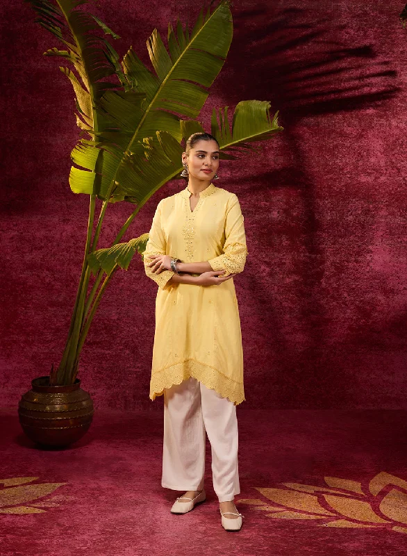 Inaya Lemon Yellow Embroidered Cotton Linen Slub Kurta for Women