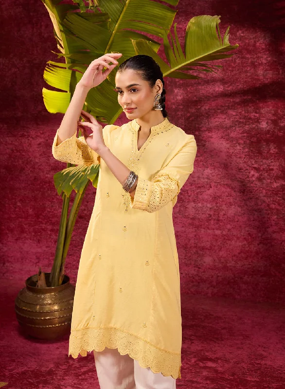 Inaya Lemon Yellow Embroidered Cotton Linen Slub Kurta for Women