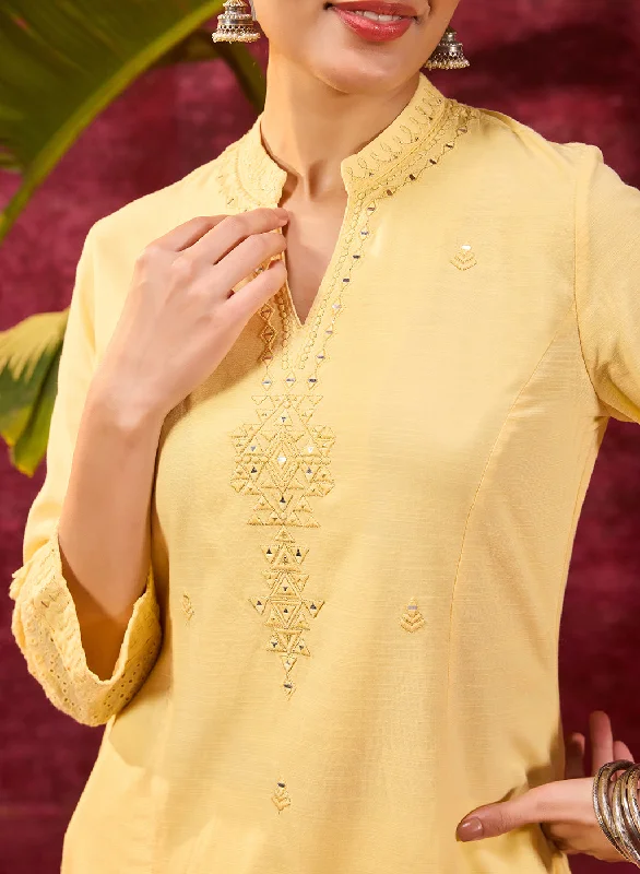 Inaya Lemon Yellow Embroidered Cotton Linen Slub Kurta for Women