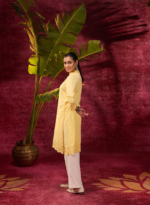 Inaya Lemon Yellow Embroidered Cotton Linen Slub Kurta for Women