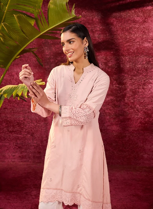 Inaya Salmon Pink Embroidered Cotton Linen Slub Kurta for Women