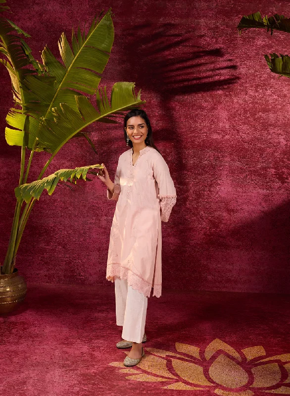 Inaya Salmon Pink Embroidered Cotton Linen Slub Kurta for Women