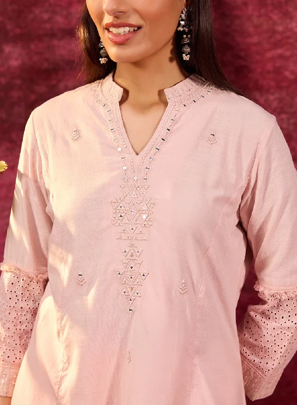 Inaya Salmon Pink Embroidered Cotton Linen Slub Kurta for Women