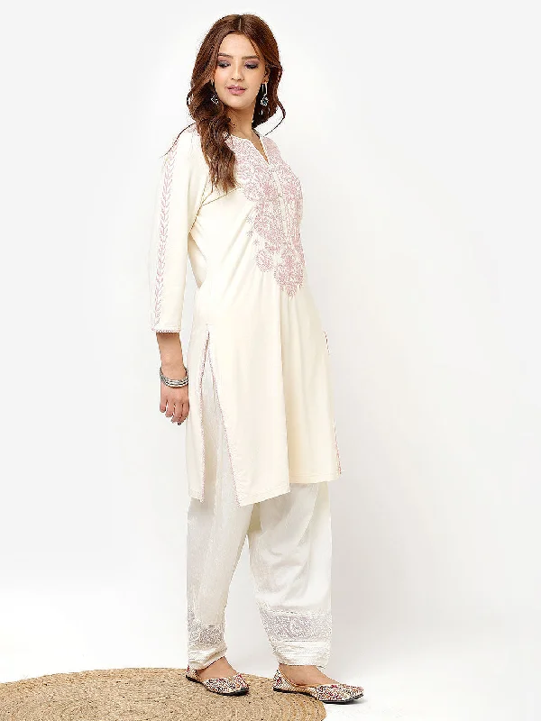 Ivory Straight Kurta for Women with Threadwork