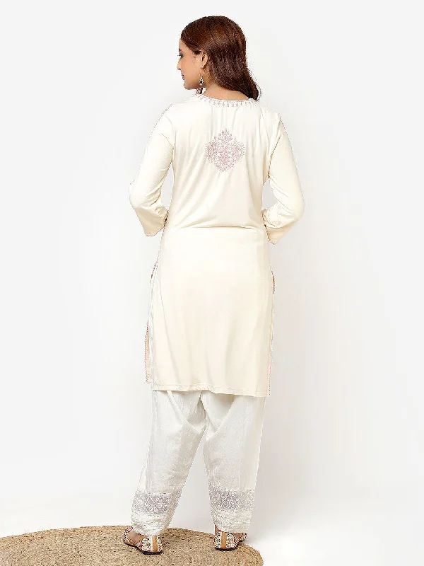 Ivory Straight Kurta for Women with Threadwork