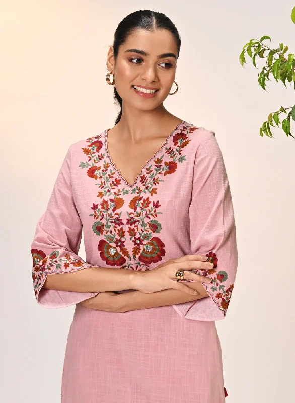 Kamali Oyster Pink Embroidered Cotton Linen Slub Designer Kurta Set for Women