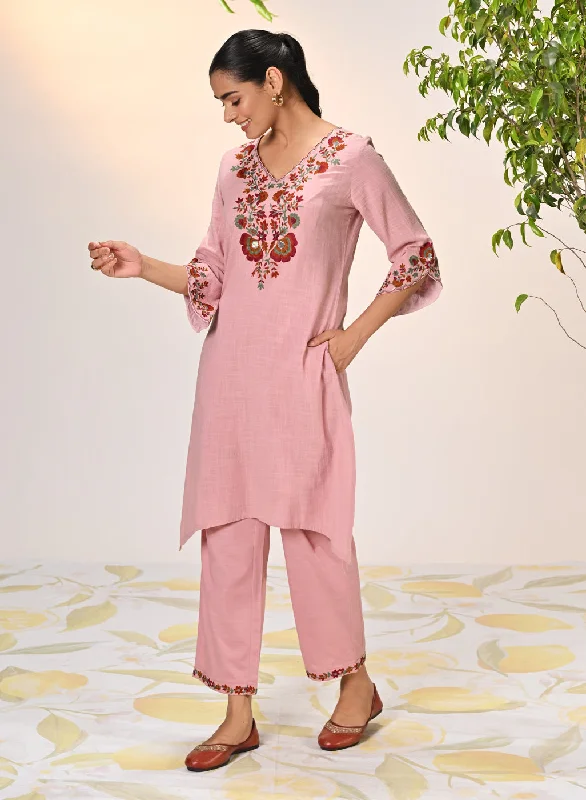 Kamali Oyster Pink Embroidered Cotton Linen Slub Designer Kurta Set for Women