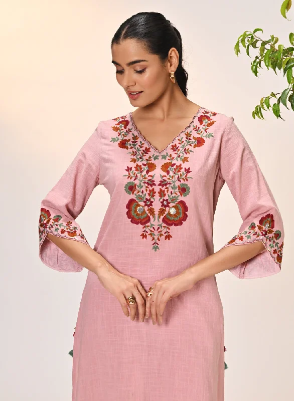 Kamali Oyster Pink Embroidered Cotton Linen Slub Designer Kurta Set for Women