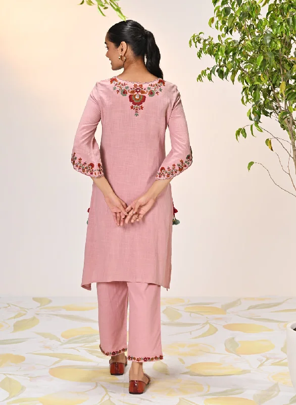 Kamali Oyster Pink Embroidered Cotton Linen Slub Designer Kurta Set for Women