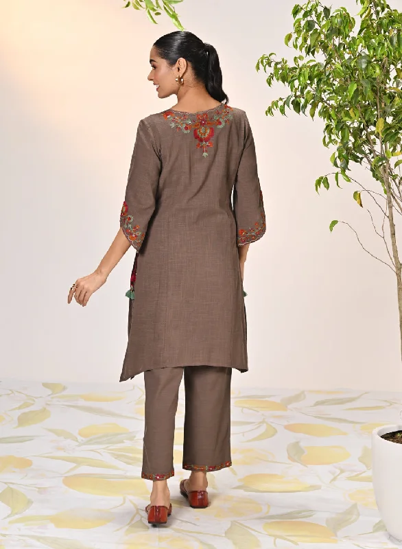 Kamali Umber Embroidered Cotton Linen Slub Designer Kurta Set for Women